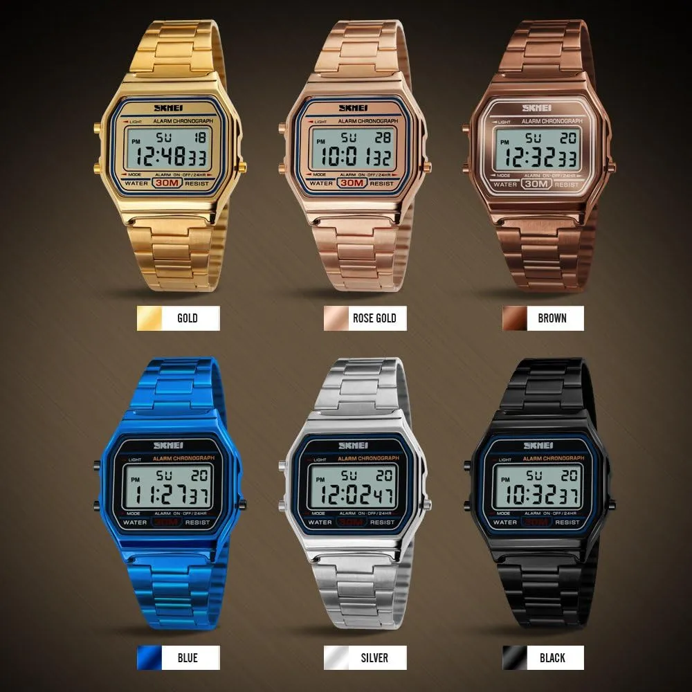 Steel Digital Casual Watch Alarm Stopwatch VIGOROSO Men Lady Vintage Retro Gold slough Stainless 
