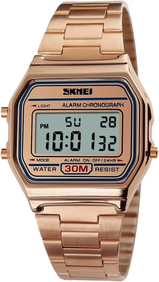 Steel Digital Casual Watch Alarm Stopwatch VIGOROSO Men Lady Vintage Retro Gold slough Stainless 