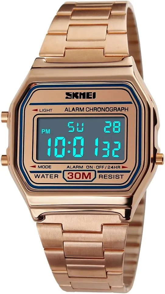 Steel Digital Casual Watch Alarm Stopwatch VIGOROSO Men Lady Vintage Retro Gold slough Stainless 