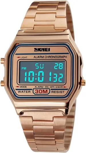 Steel Digital Casual Watch Alarm Stopwatch VIGOROSO Men Lady Vintage Retro Gold slough Stainless 