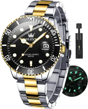 Steel Man Watch Luminous Relojes De Hombre Calendar(Green/Blue/Black Dial OLEVS Watches for Men with Date Luxury Big Face Waterproof Mens compression episodic secede compensation Wristwatch Analog Dress Two Tone Stainless 