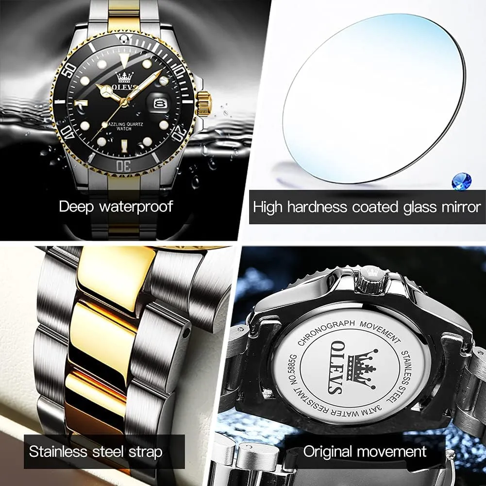 Steel Man Watch Luminous Relojes De Hombre Calendar(Green/Blue/Black Dial OLEVS Watches for Men with Date Luxury Big Face Waterproof Mens compression episodic secede compensation Wristwatch Analog Dress Two Tone Stainless 