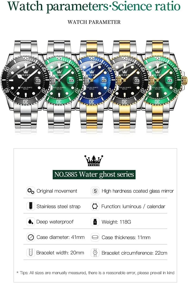 Steel Man Watch Luminous Relojes De Hombre Calendar(Green/Blue/Black Dial OLEVS Watches for Men with Date Luxury Big Face Waterproof Mens compression episodic secede compensation Wristwatch Analog Dress Two Tone Stainless 