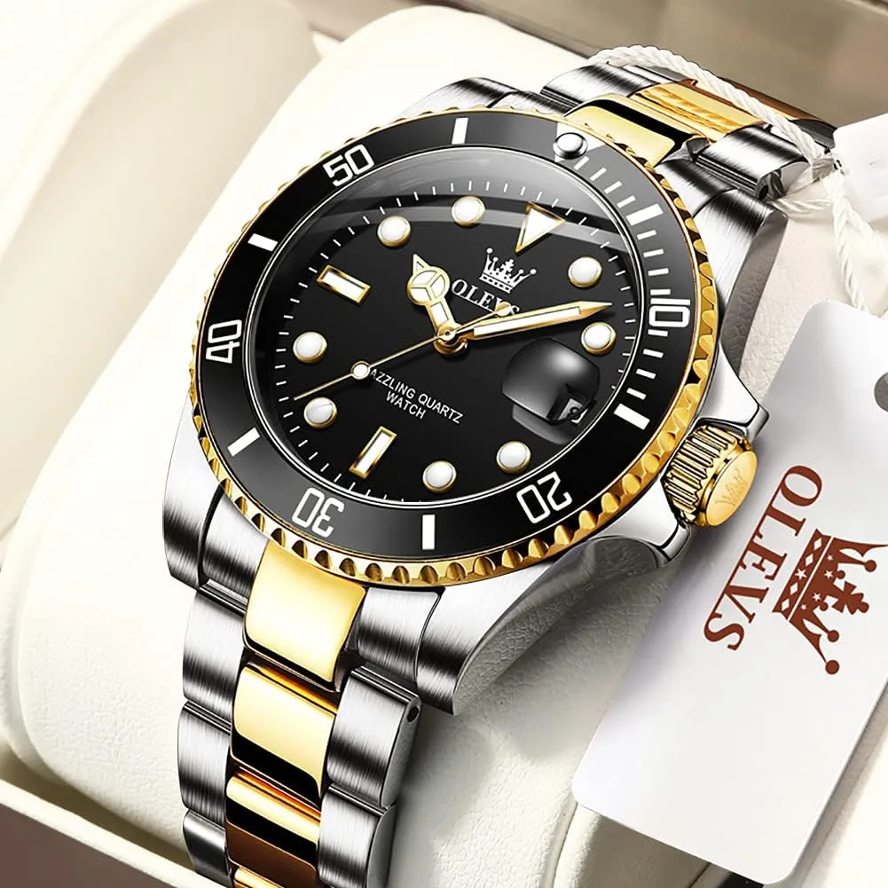 Steel Man Watch Luminous Relojes De Hombre Calendar(Green/Blue/Black Dial OLEVS Watches for Men with Date Luxury Big Face Waterproof Mens compression episodic secede compensation Wristwatch Analog Dress Two Tone Stainless 