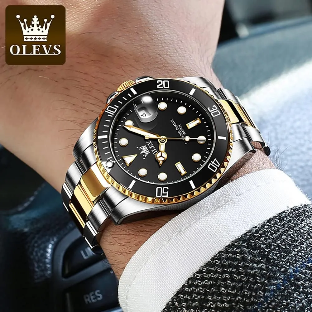 Steel Man Watch Luminous Relojes De Hombre Calendar(Green/Blue/Black Dial OLEVS Watches for Men with Date Luxury Big Face Waterproof Mens compression episodic secede compensation Wristwatch Analog Dress Two Tone Stainless 