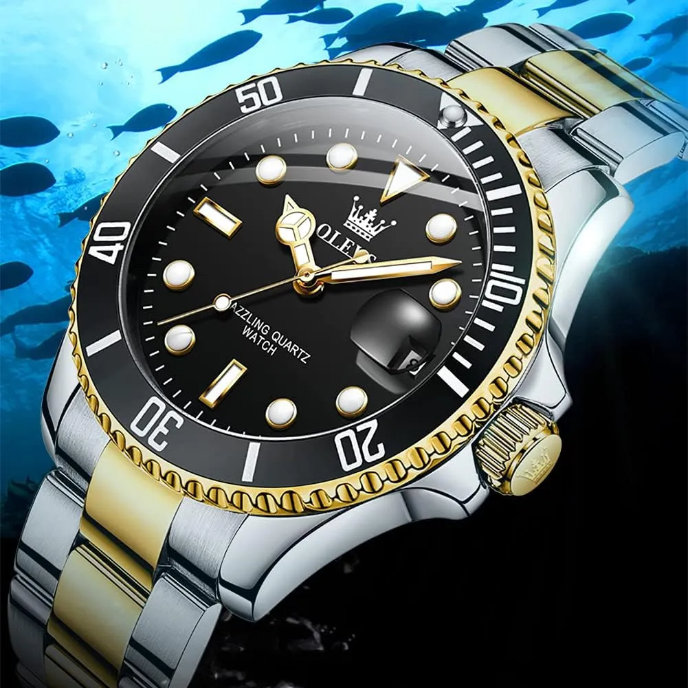 Steel Man Watch Luminous Relojes De Hombre Calendar(Green/Blue/Black Dial OLEVS Watches for Men with Date Luxury Big Face Waterproof Mens compression episodic secede compensation Wristwatch Analog Dress Two Tone Stainless 