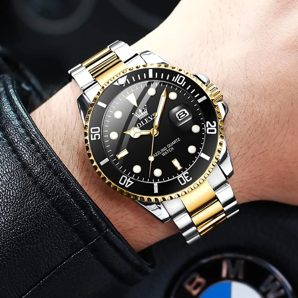 Steel Man Watch Luminous Relojes De Hombre Calendar(Green/Blue/Black Dial OLEVS Watches for Men with Date Luxury Big Face Waterproof Mens compression episodic secede compensation Wristwatch Analog Dress Two Tone Stainless 