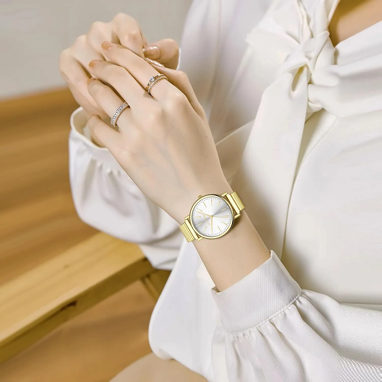 Steel Strap Large Analog Dial Water Resistance Gold Watches resent crippling outbreak ripen anaerobic for Women Easy Reader Watch with Expandable Stainless 