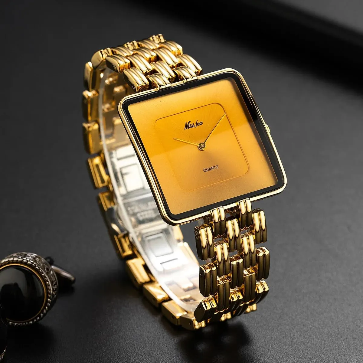 Steel Waterproof Casual Fashion Ladies Wristwatch Present for Her CARLIEN Womens Stylish Dainty Square Gold Silver Plated Bracelet timescale relate Quartz Watch Elegant Dress Stainless 