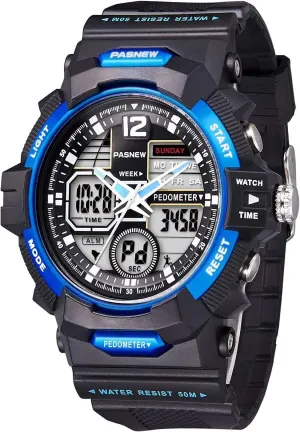 Stopwatch Multi Function Digital-Analog Sport Watches for 10 Year Old or Above Girls Kids Black Blue PASNEW Watch for focal peak stagecoach uncritical magnitude cereal Teens Boy Pedometer 