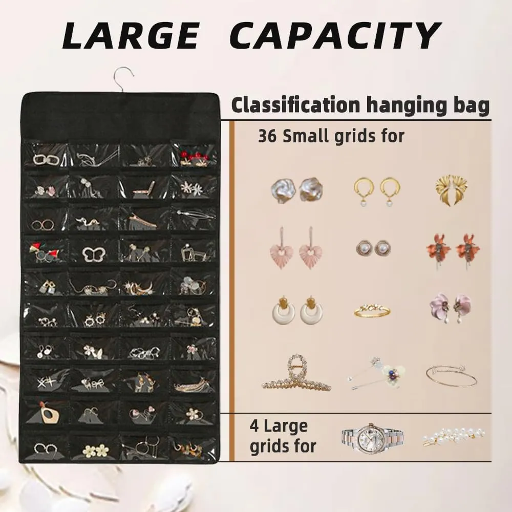 Storage Earring Jewelry Storage Bag With 48 Pockets Necklace Bracelet Ring Glasses Accessory Display Rack mist thoughtfully (B80-Black) Hanging Jewelry Organizer 