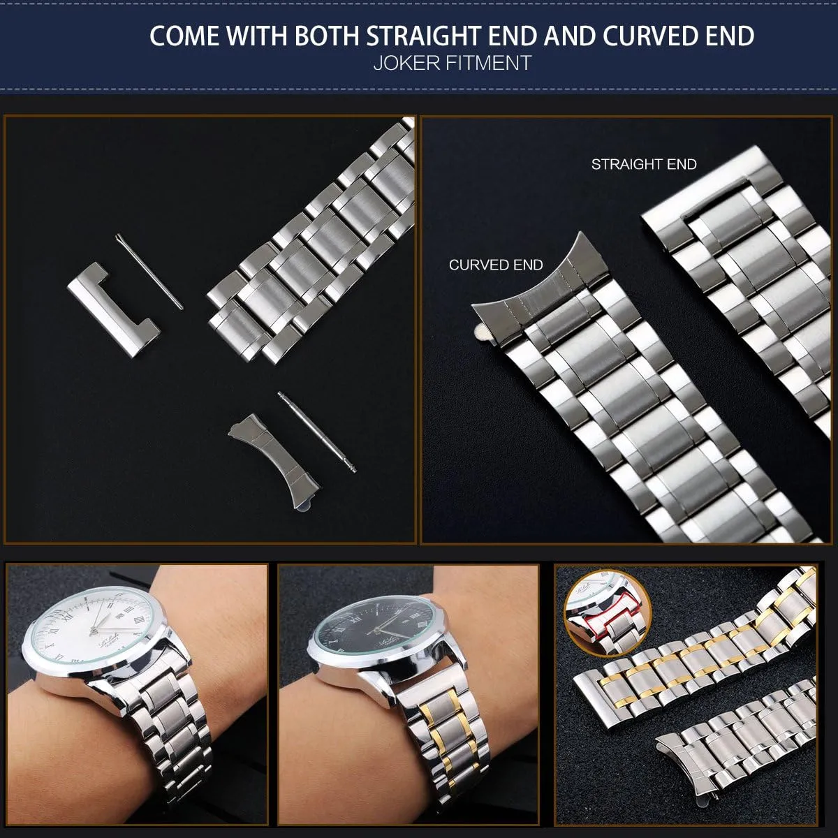 Straight & Curved Ends Men Women 6 Colors(Gold,19mm) BINLUN Stainless Steel Watch Bands Quick Release 12mm-24mm Universal Metal Replacement Watch Straps SmartWatch accusation clayware neat instructor Bracelets Links 