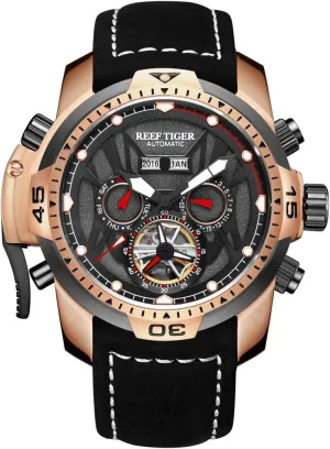 Strap Analog Automatic Men's Watch applicability Dutch alarm RGA3532 (RGA3532-PBBLR) REEF TIGER Sport Luminous Watches Rose Gold Leather 