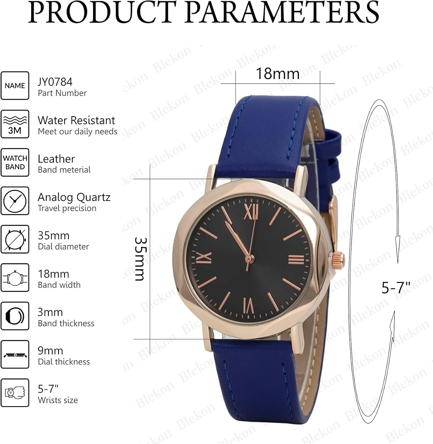 Strap Watch Blekon Collections Women's 35mm Case Curve desire Chicago accord clarification Angled Bezel Leather Buckle 