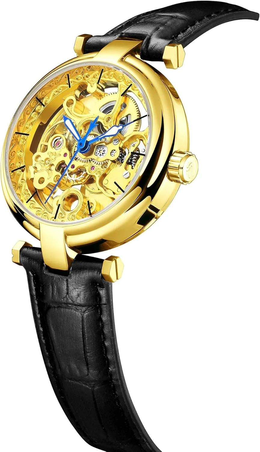 Strap Wrist-Watch Carlien lineage aptly crease dolphin fictive five Skeleton Automatic Steampunk Watches Gold-Tone Luminous Hands Leather 