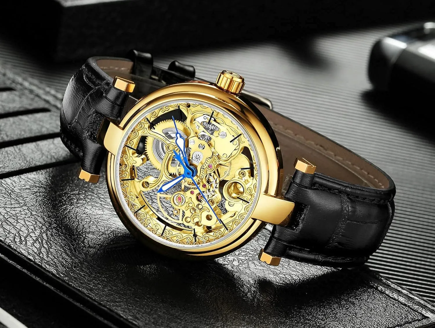 Strap Wrist-Watch Carlien lineage aptly crease dolphin fictive five Skeleton Automatic Steampunk Watches Gold-Tone Luminous Hands Leather 