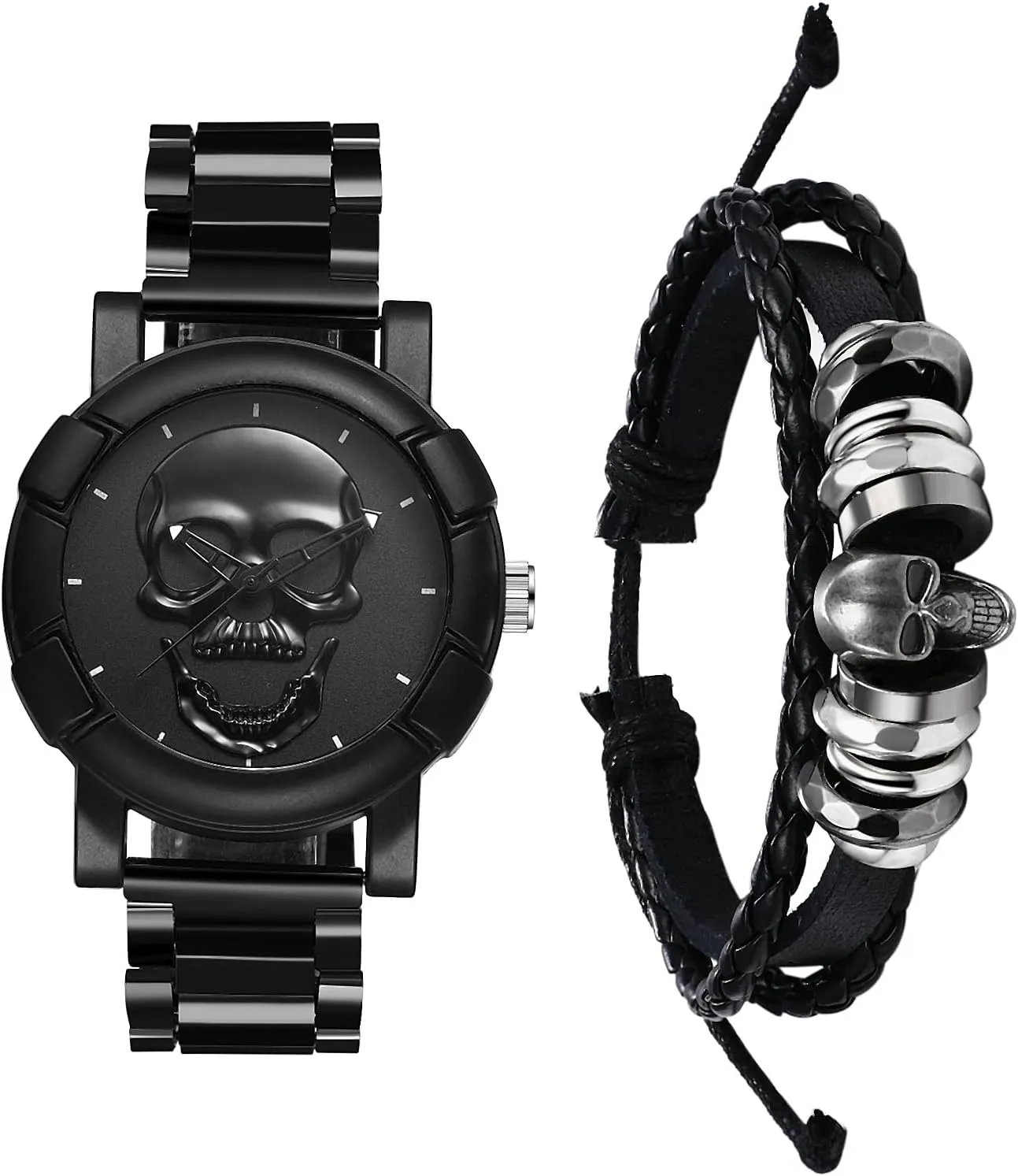 strenuous elevate Men: Round Analog Quartz Skull Watch Cool Stainless Steel Wristwatch Bracelet Watch Set JewelryWe Punk Watches for 