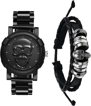 strenuous elevate Men: Round Analog Quartz Skull Watch Cool Stainless Steel Wristwatch Bracelet Watch Set JewelryWe Punk Watches for 