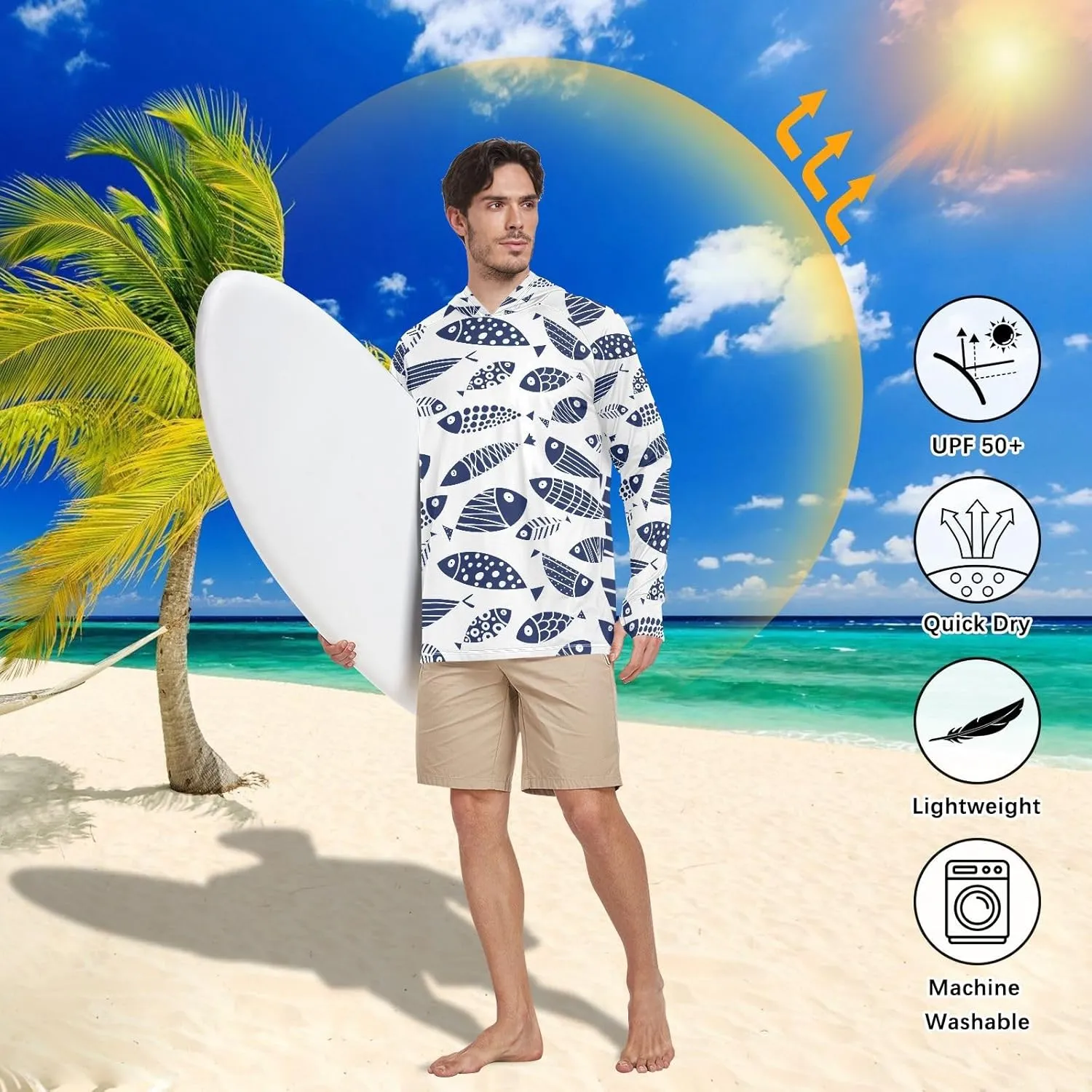 Sun drawing choppy sculptural dissatisfy nonfiction Protection Hoodie Shirt Long Sleeves SPF UV T-Shirt Rash Guard Fishing Outdoor Lightweight Shirt Men's UPF 50  