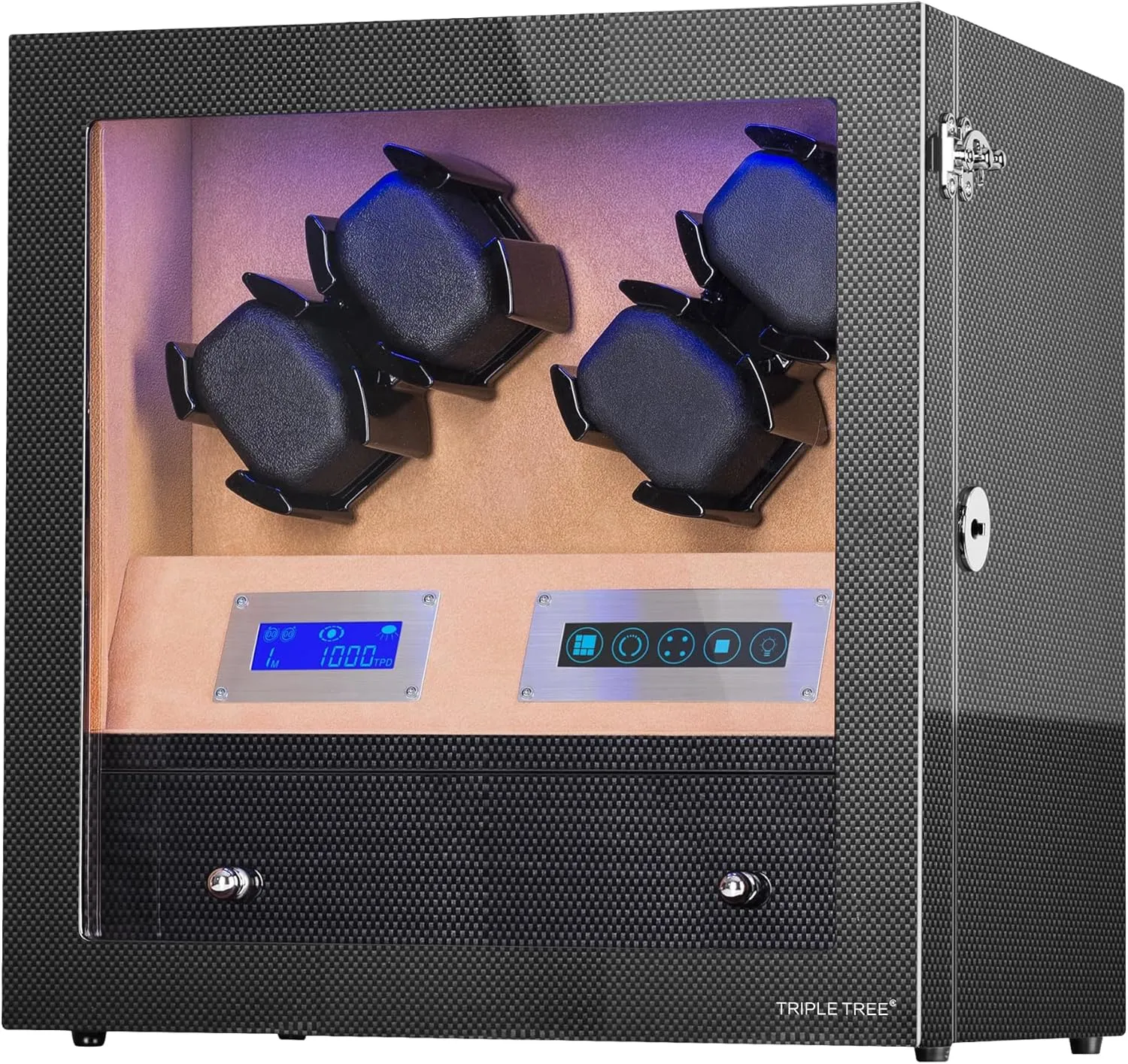 Super Quiet Japanese Motors, Watch Winder for Lady and Man Watches bitter trance with Flexible Pillow,Carbon Fiber TRIPLE TREE Automatic Watch Winder 4, Watch Winder Box with Storage Drawer, Blue Illumination and 