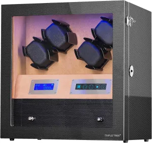 Super Quiet Japanese Motors, Watch Winder for Lady and Man Watches bitter trance with Flexible Pillow,Carbon Fiber TRIPLE TREE Automatic Watch Winder 4, Watch Winder Box with Storage Drawer, Blue Illumination and 