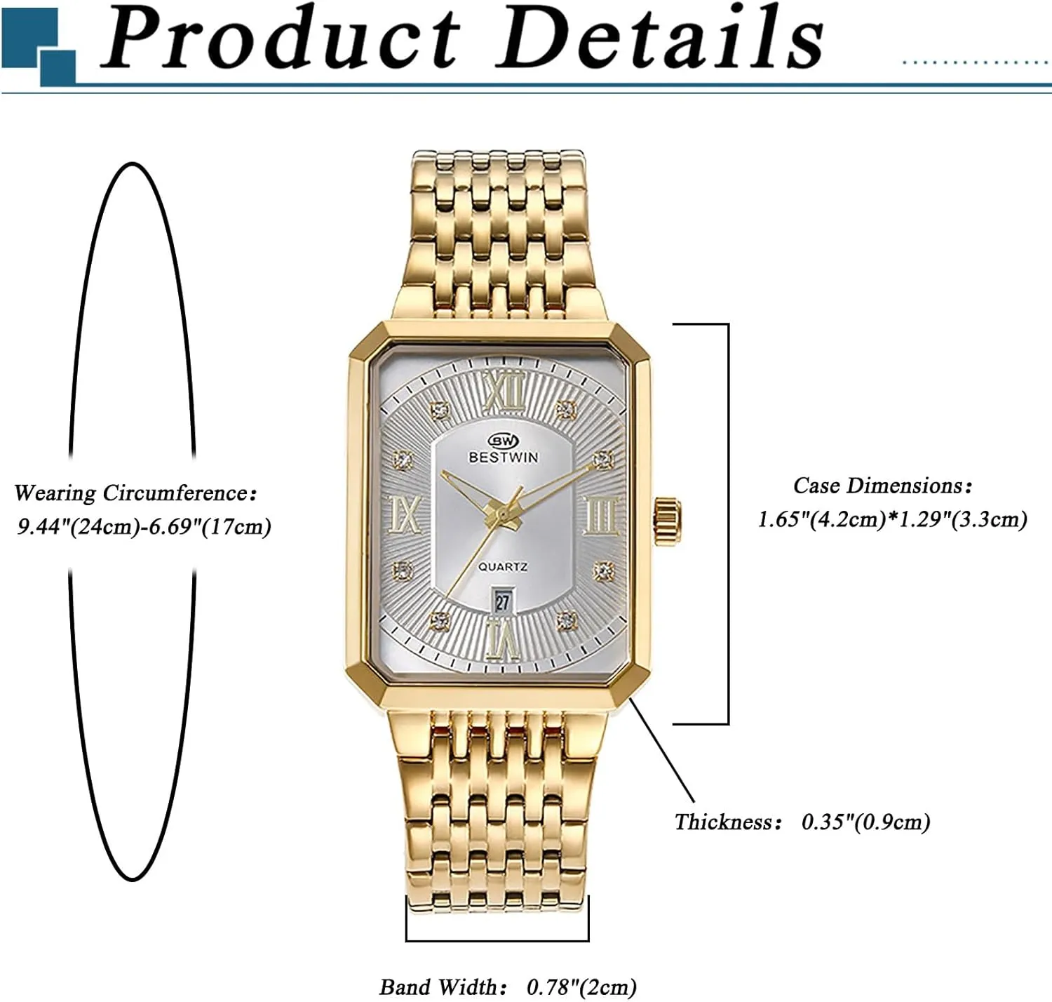 Tank Wristwatch Elegant harsh Link Band Luxury JewelryWe Rectangular Stainless Steel Watch: Men Gold Tone Quartz Analogue Square 