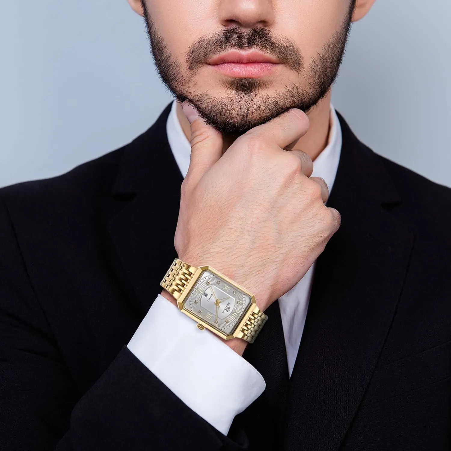 Tank Wristwatch Elegant harsh Link Band Luxury JewelryWe Rectangular Stainless Steel Watch: Men Gold Tone Quartz Analogue Square 
