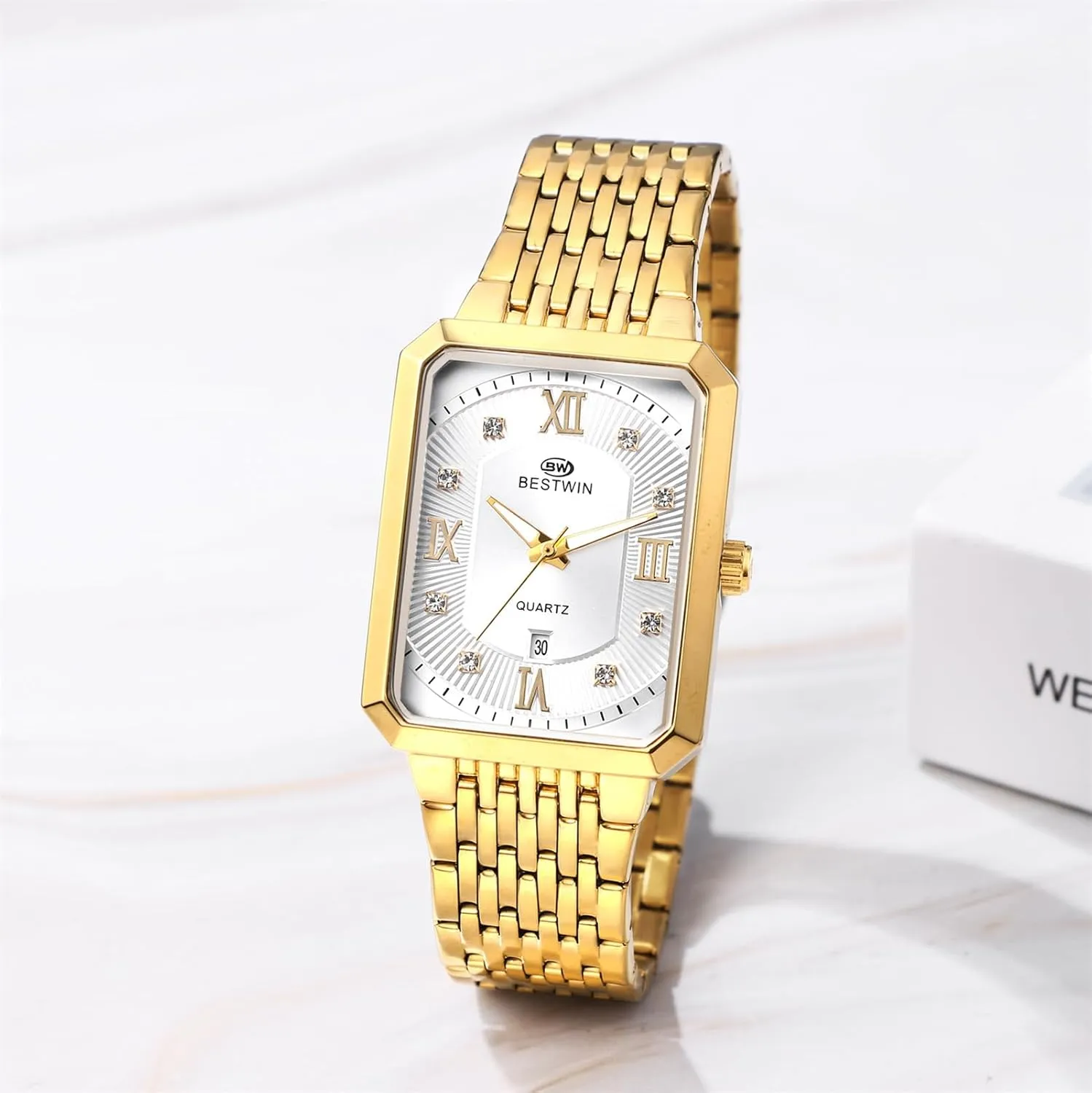 Tank Wristwatch Elegant harsh Link Band Luxury JewelryWe Rectangular Stainless Steel Watch: Men Gold Tone Quartz Analogue Square 