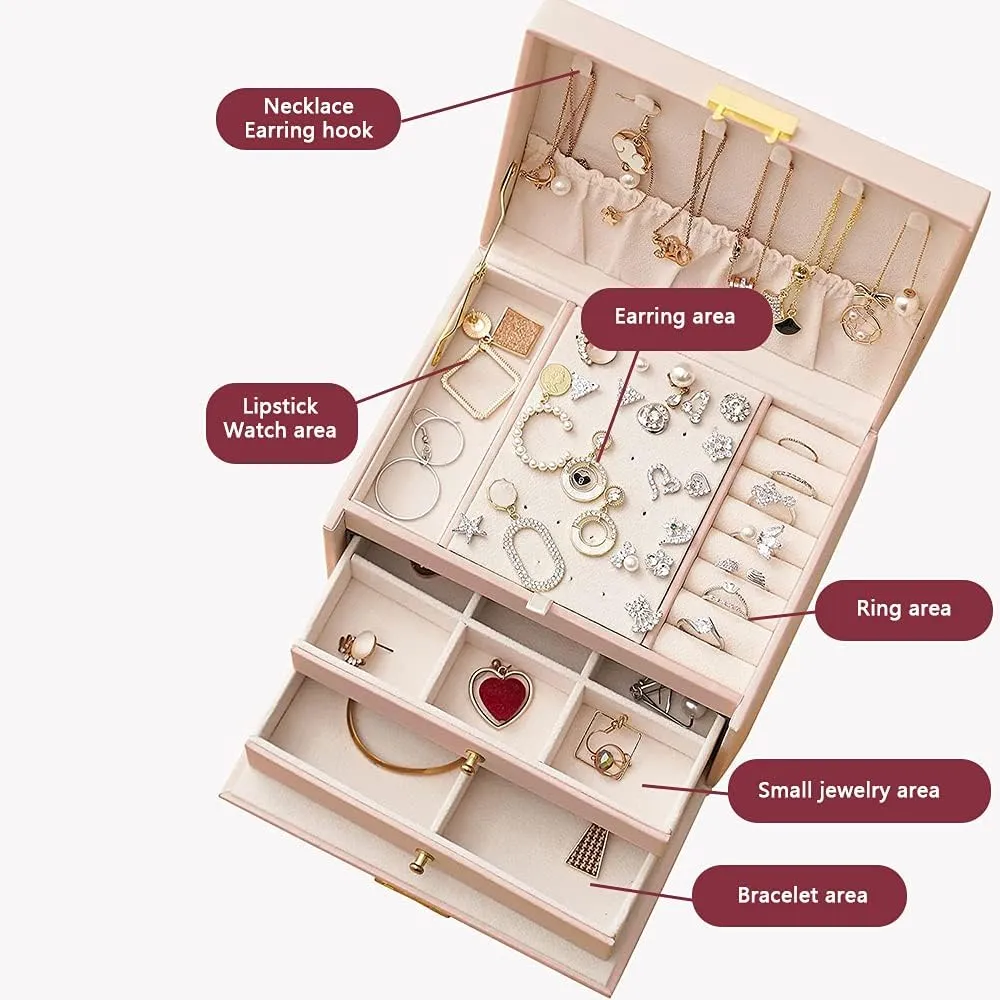 tardiness Case for Women Girls, Suitable for Earrings, Bracelets, Rings, Watches and Accessories Storage and Display (Navy Blue) Portable Jewelry Box with Lock, 3 Layer Jewelry Organizer 