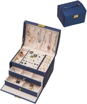 tardiness Case for Women Girls, Suitable for Earrings, Bracelets, Rings, Watches and Accessories Storage and Display (Navy Blue) Portable Jewelry Box with Lock, 3 Layer Jewelry Organizer 