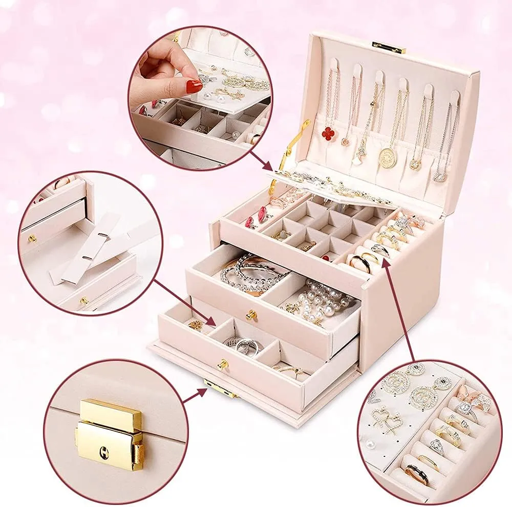tardiness Case for Women Girls, Suitable for Earrings, Bracelets, Rings, Watches and Accessories Storage and Display (Navy Blue) Portable Jewelry Box with Lock, 3 Layer Jewelry Organizer 