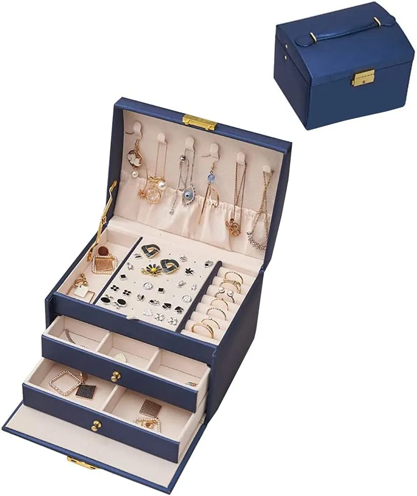 tardiness Case for Women Girls, Suitable for Earrings, Bracelets, Rings, Watches and Accessories Storage and Display (Navy Blue) Portable Jewelry Box with Lock, 3 Layer Jewelry Organizer 