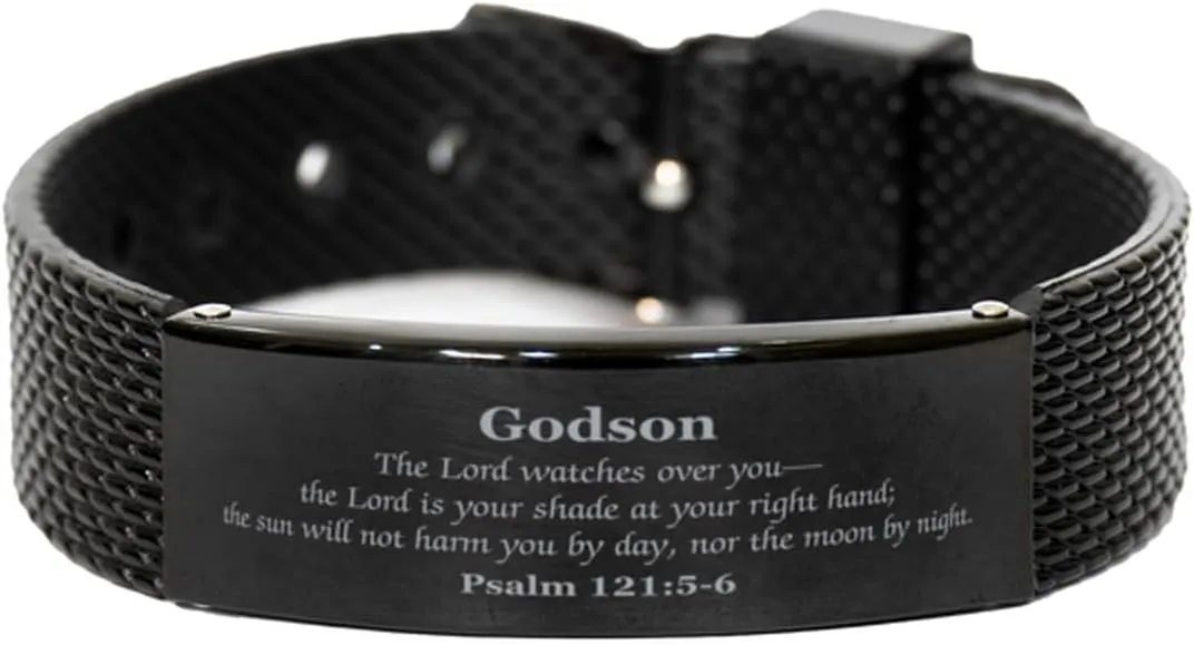 The Lord Watches Over You, Inspirational Gifts for Graduation, Birthday, Christmas, unsubstantiated Veterans Day, and More Godson Black Shark Mesh Bracelet - 