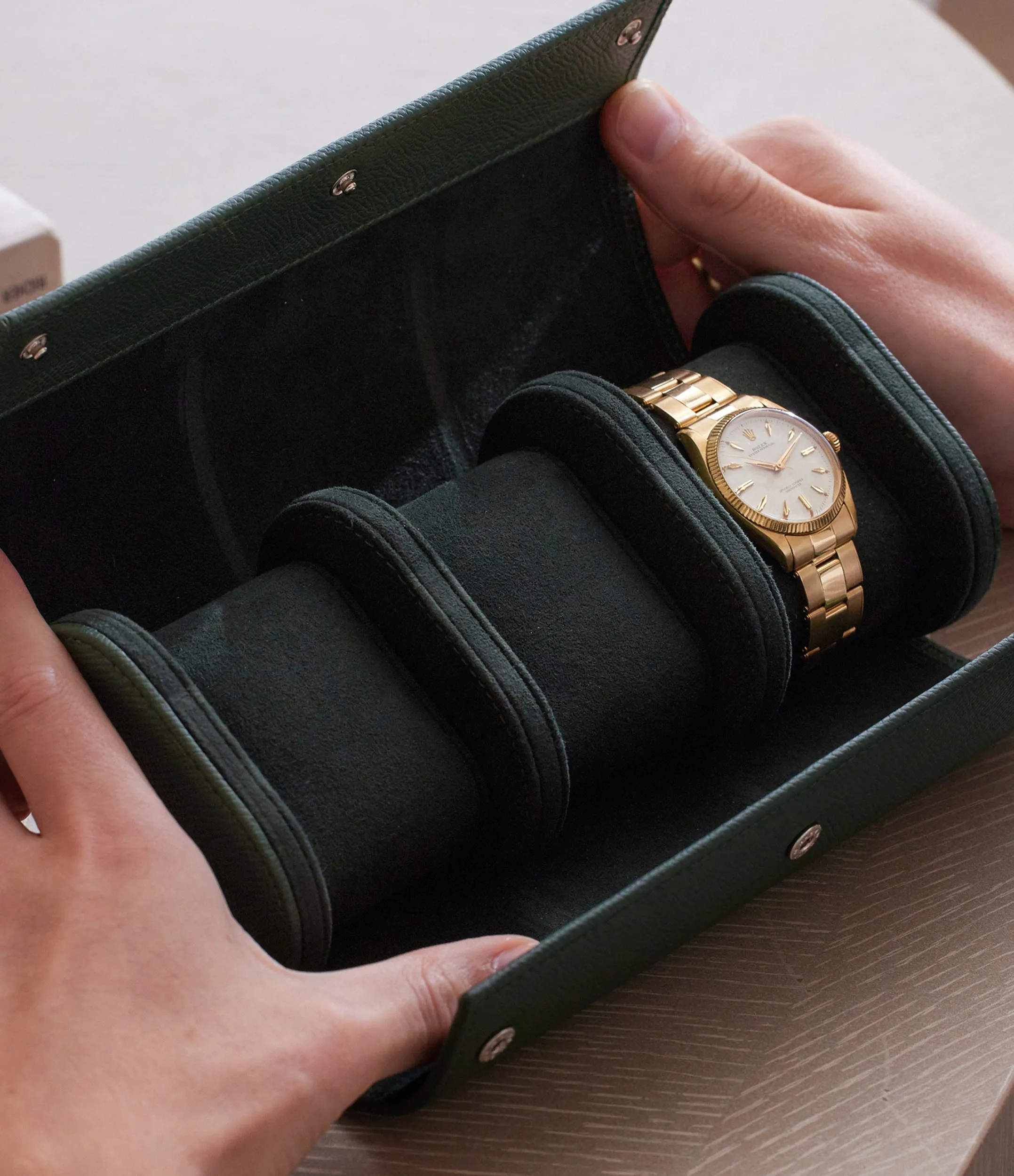 three-watch roll, grained leather