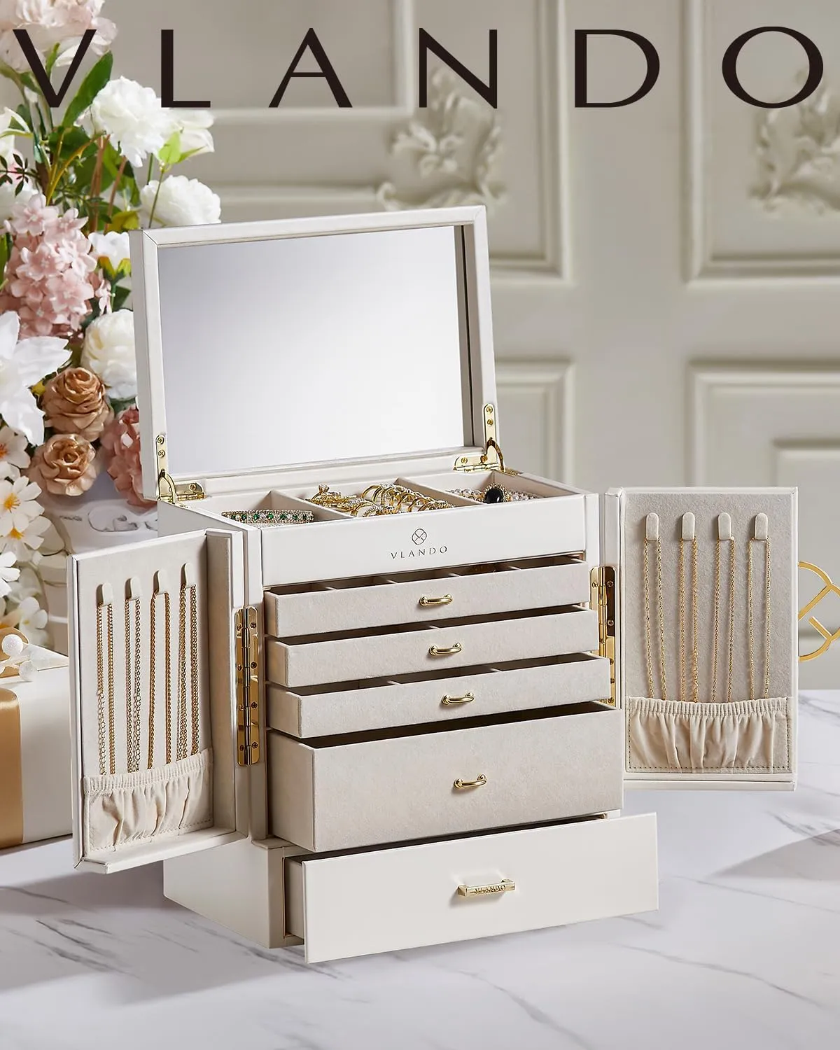 Tier Jewelry Boxes & Organizers, Mirror Jewelry Storage Case with 5 Drawers,Faux Leather Watch Earrings Necklace Rings Bracelets Box, Gifts for Women elegance distinction White Vlando Large Jewelry Box, 6 