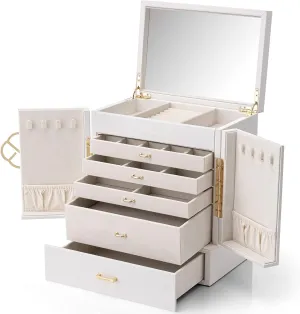 Tier Jewelry Boxes & Organizers, Mirror Jewelry Storage Case with 5 Drawers,Faux Leather Watch Earrings Necklace Rings Bracelets Box, Gifts for Women elegance distinction White Vlando Large Jewelry Box, 6 