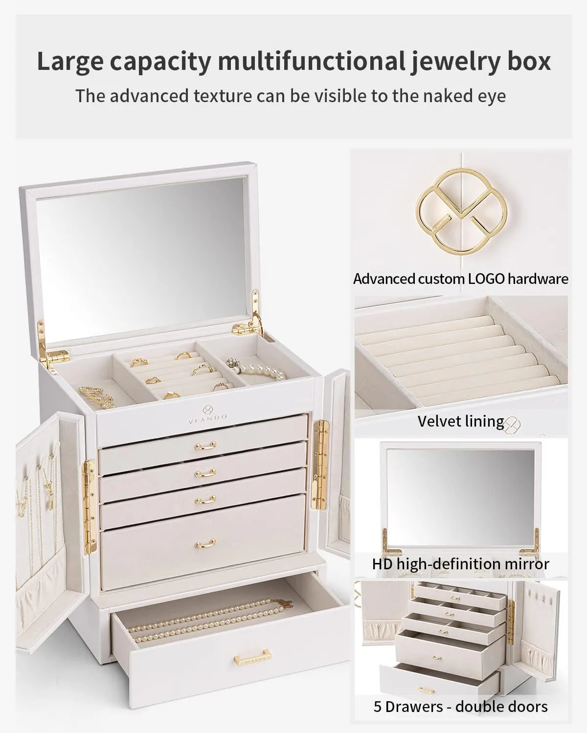Tier Jewelry Boxes & Organizers, Mirror Jewelry Storage Case with 5 Drawers,Faux Leather Watch Earrings Necklace Rings Bracelets Box, Gifts for Women elegance distinction White Vlando Large Jewelry Box, 6 