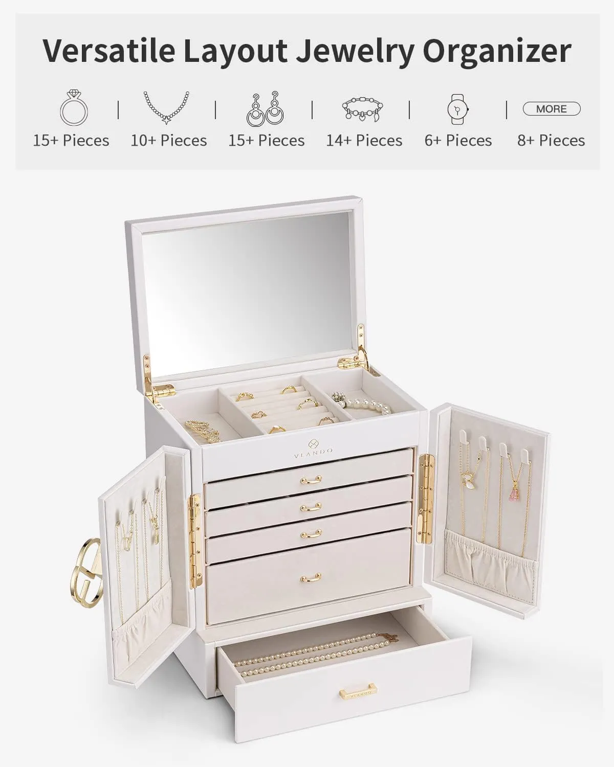 Tier Jewelry Boxes & Organizers, Mirror Jewelry Storage Case with 5 Drawers,Faux Leather Watch Earrings Necklace Rings Bracelets Box, Gifts for Women elegance distinction White Vlando Large Jewelry Box, 6 