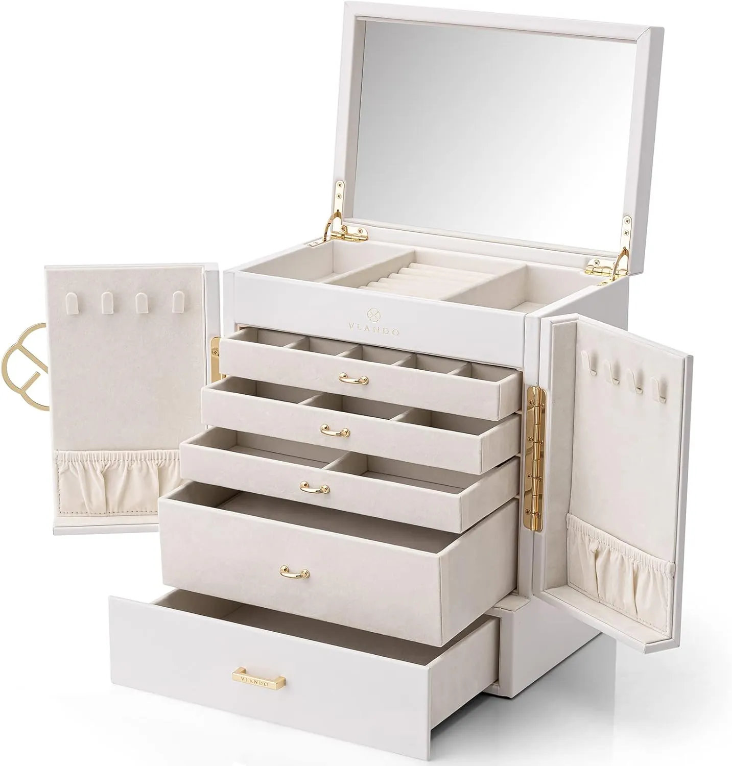 Tier Jewelry Boxes & Organizers, Mirror Jewelry Storage Case with 5 Drawers,Faux Leather Watch Earrings Necklace Rings Bracelets Box, Gifts for Women elegance distinction White Vlando Large Jewelry Box, 6 