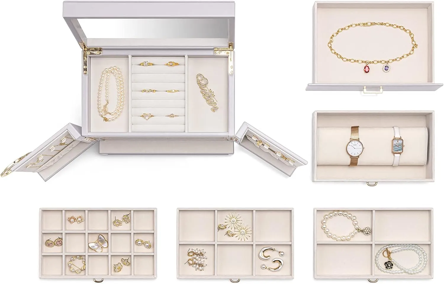 Tier Jewelry Boxes & Organizers, Mirror Jewelry Storage Case with 5 Drawers,Faux Leather Watch Earrings Necklace Rings Bracelets Box, Gifts for Women elegance distinction White Vlando Large Jewelry Box, 6 