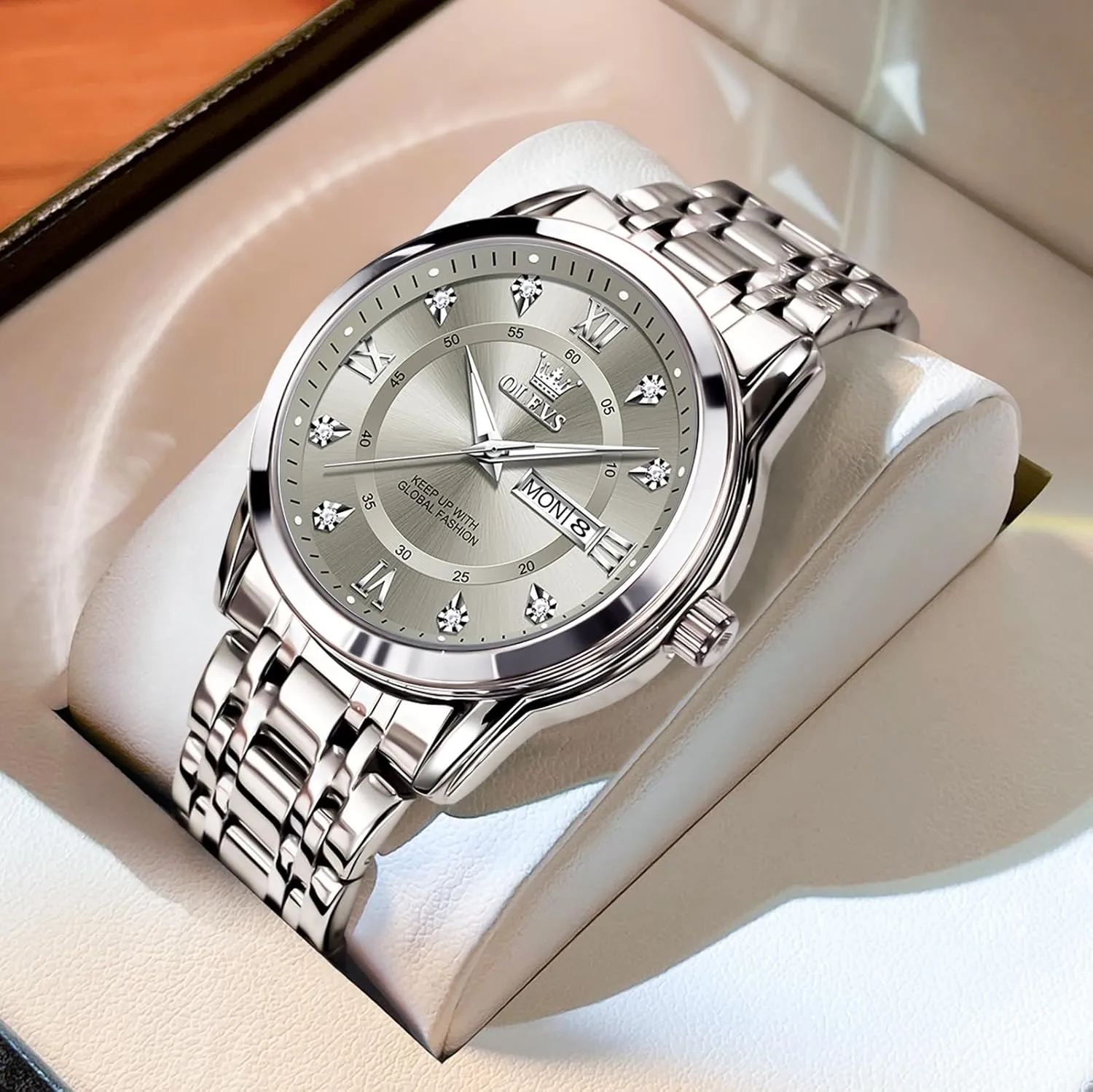 to hydrogen Read Day Date Waterproof Luminous Mens Wristwatch OLEVS Men's Stainless Steel Watch, Large Face Roman Numerals Diamond Accented Three-Hand Analog Quartz Watches for Men, Easy 