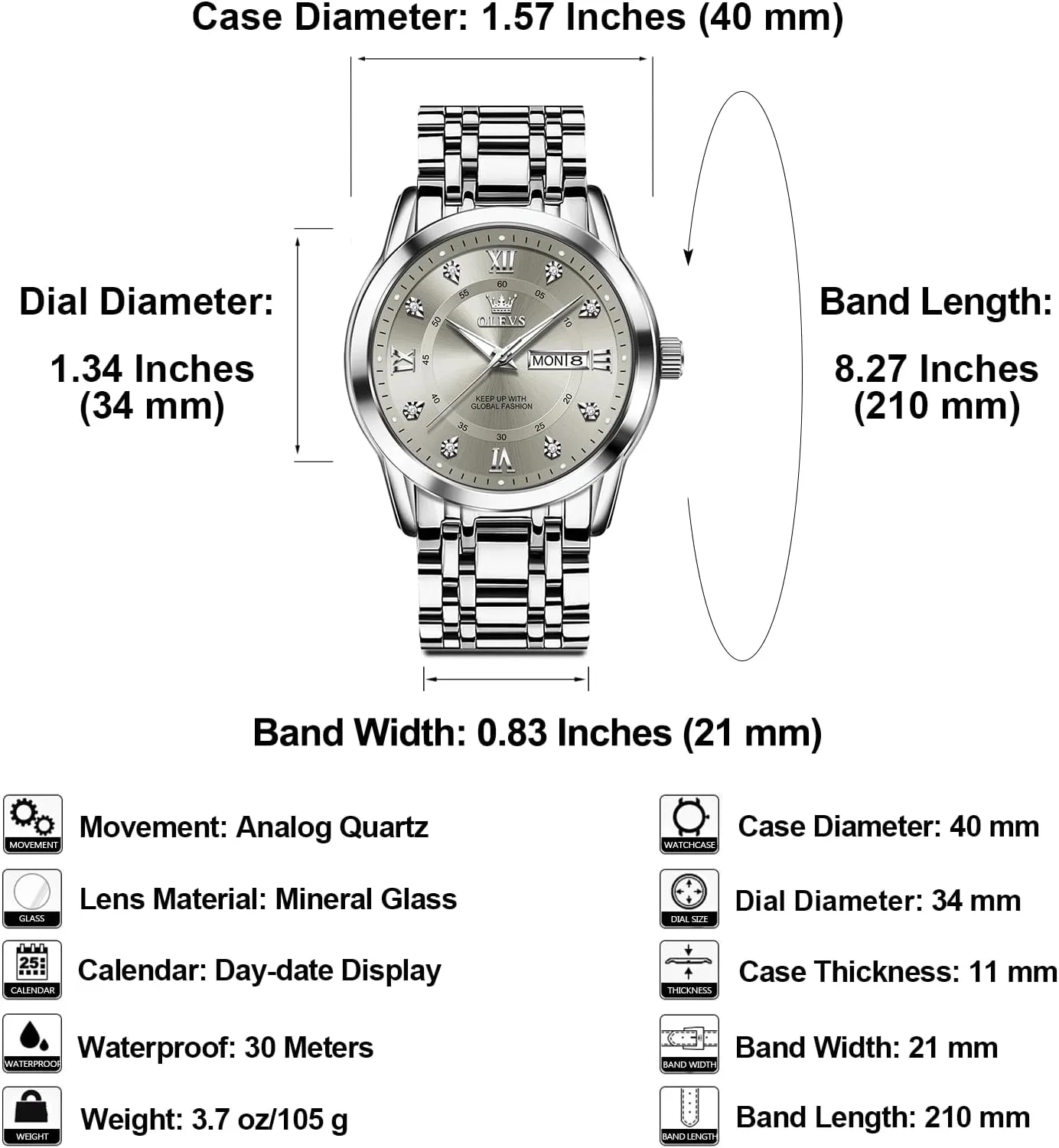 to hydrogen Read Day Date Waterproof Luminous Mens Wristwatch OLEVS Men's Stainless Steel Watch, Large Face Roman Numerals Diamond Accented Three-Hand Analog Quartz Watches for Men, Easy 