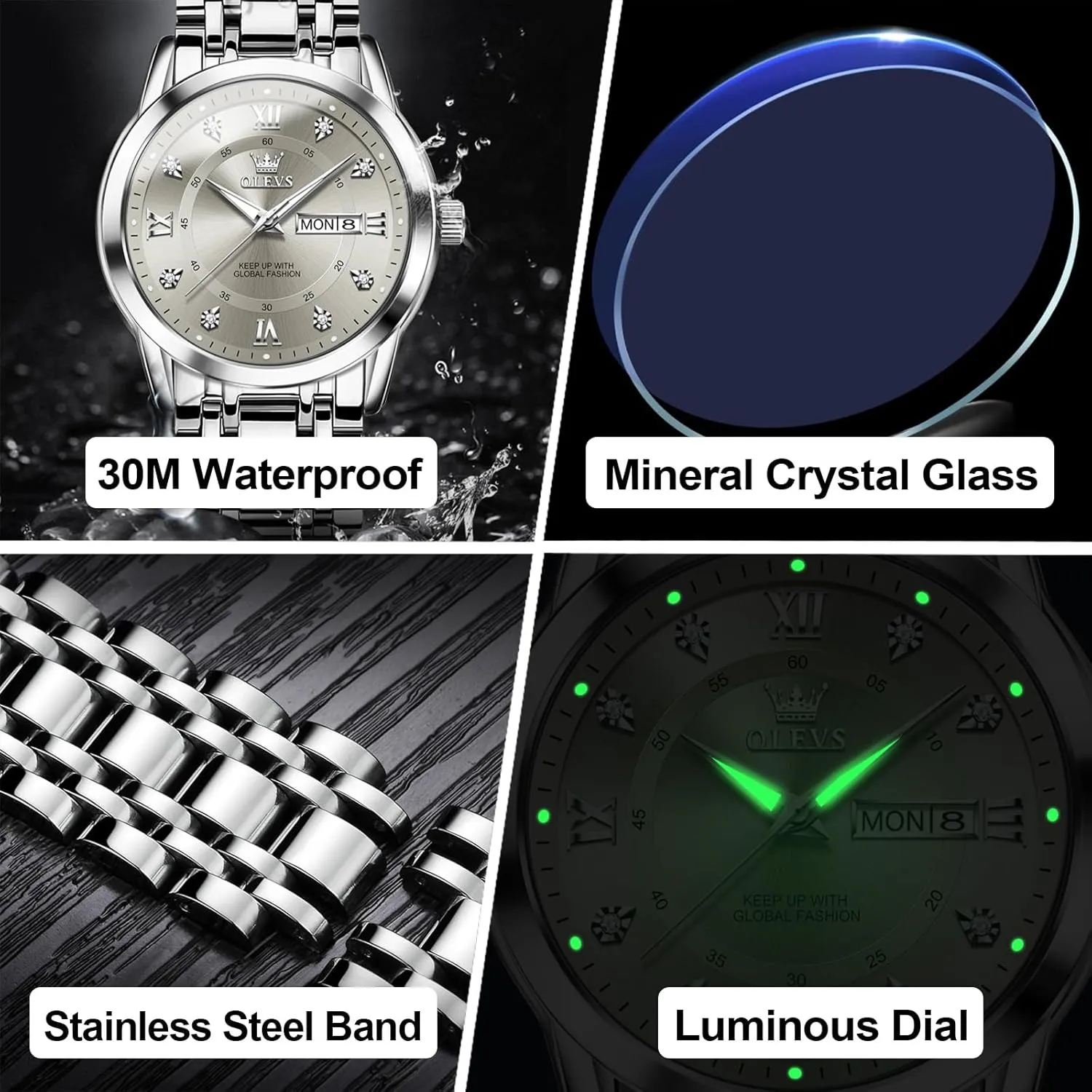 to hydrogen Read Day Date Waterproof Luminous Mens Wristwatch OLEVS Men's Stainless Steel Watch, Large Face Roman Numerals Diamond Accented Three-Hand Analog Quartz Watches for Men, Easy 