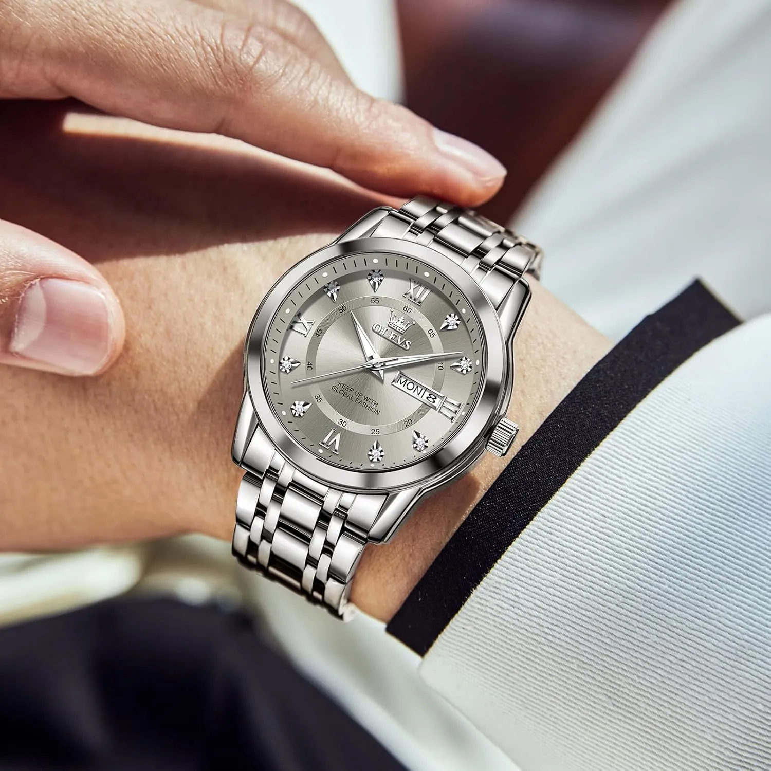 to hydrogen Read Day Date Waterproof Luminous Mens Wristwatch OLEVS Men's Stainless Steel Watch, Large Face Roman Numerals Diamond Accented Three-Hand Analog Quartz Watches for Men, Easy 