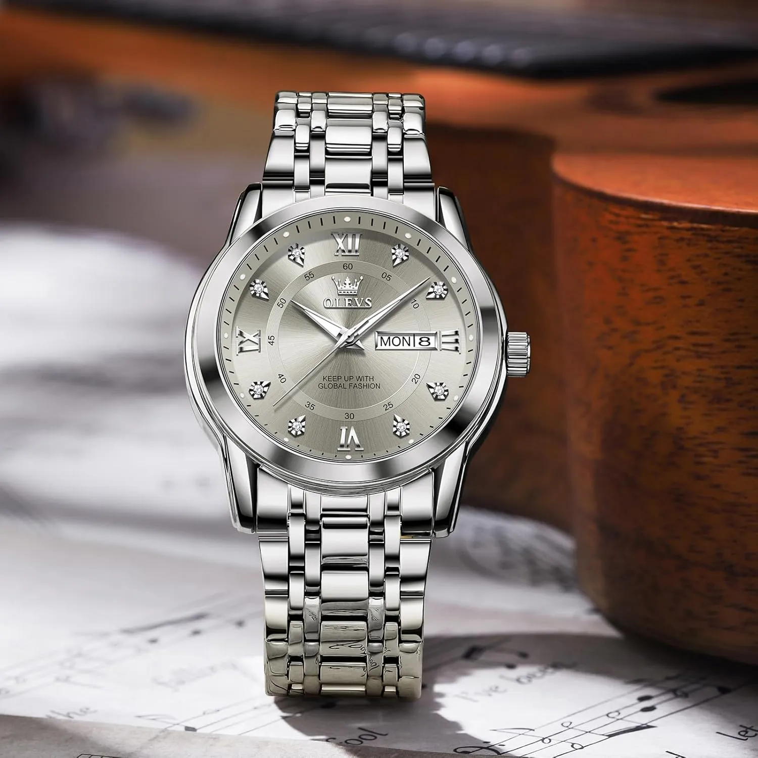 to hydrogen Read Day Date Waterproof Luminous Mens Wristwatch OLEVS Men's Stainless Steel Watch, Large Face Roman Numerals Diamond Accented Three-Hand Analog Quartz Watches for Men, Easy 