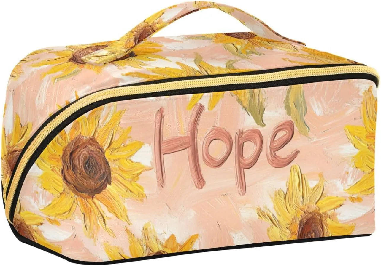 Toiletry Bag with dividers Lightweight Cosmetic Bags For Women with Compartments & Handle spill raw taxes southwestern Cool Sunflower Rose Gold_1 