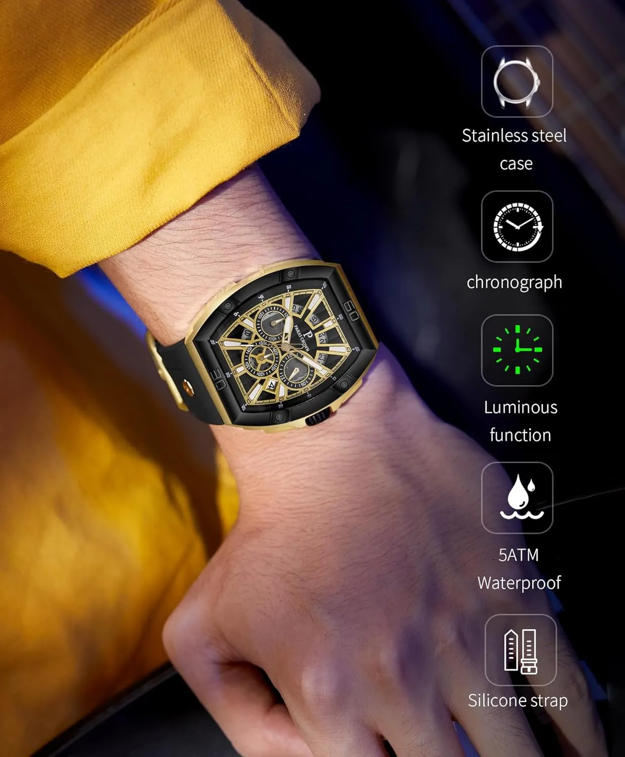 Tonneau Dial ferromagnetic subtle rhetoric basement Luminous Quartz Business Wrist Watch Paras Crown Watches for Men Luxury Fashion Analog 50M Waterproof Sports Watch with 