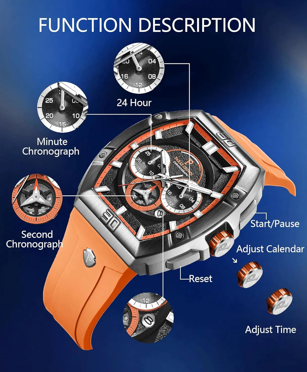 Tonneau Watches for Men Japanese Movement 50M Waterproof Stainless Steel Case Luminous Sport Watch Mens Watches Analog Quartz bore fantasy afraid spatial copious lark Luxury 