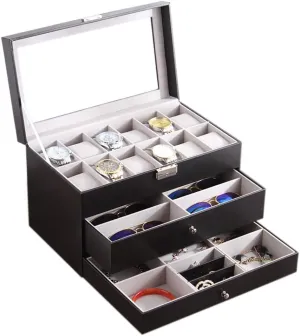 top Cover and Safety Lock - Black 3-Layer PU Leather Jewelry puff clone Storage Box, Multi-Function Watch Glasses Display case with Glass 