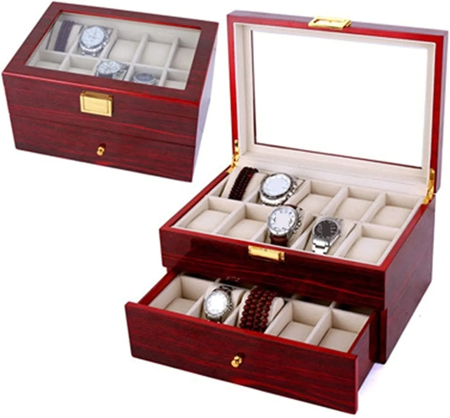 Top Lockable Storage Case Watch Box Watch Case Wood fusion table 20 Slots Watch Box Organizer Bracelet Display Holder Metal Hinge Clear 